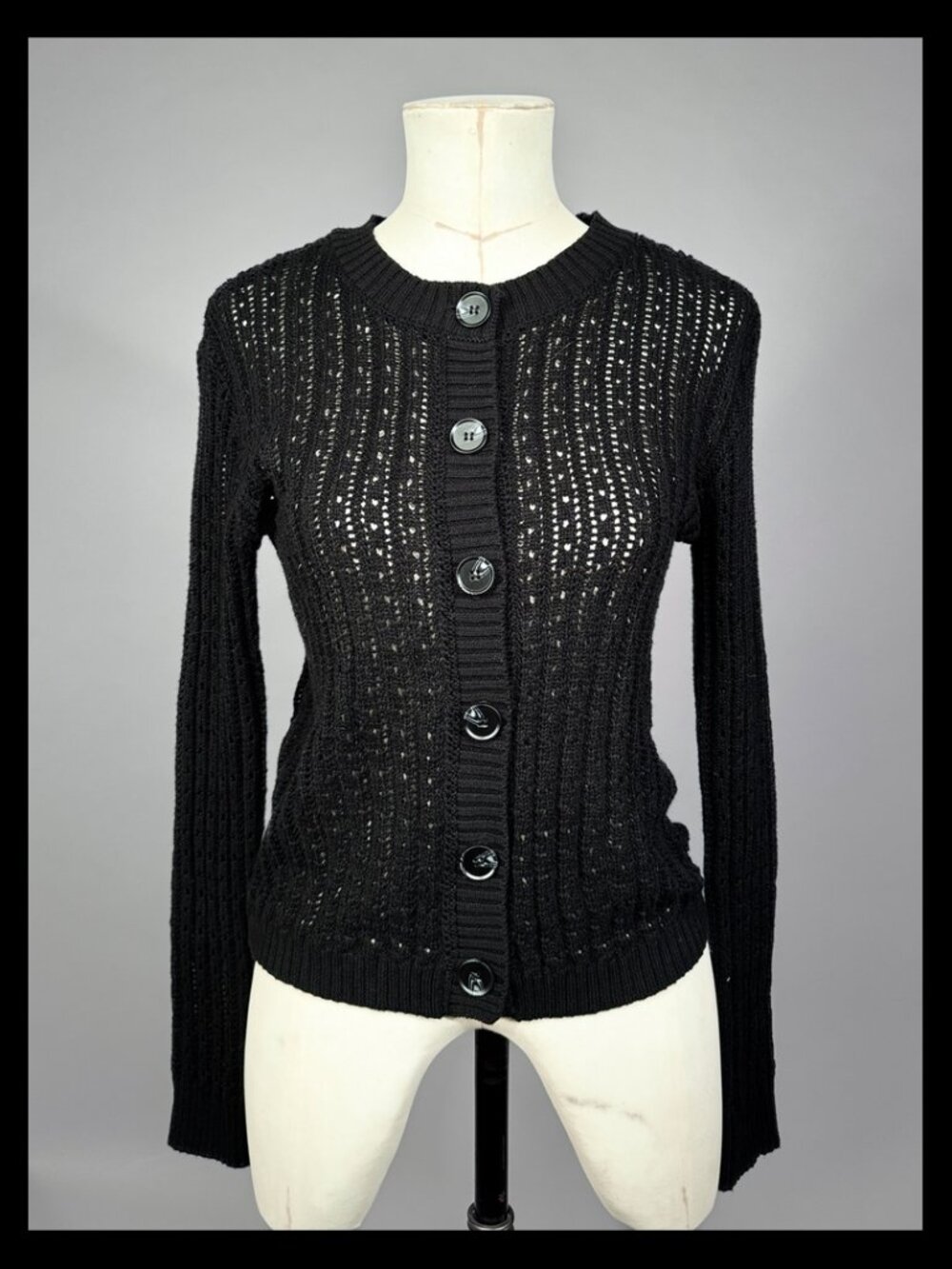 Vince Camuto Black Open Knit Cardigan Button Front Crew Neck Size XS